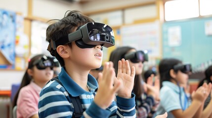 Group of children wearing virtual reality headsets and exploring a digital immersive learning experience in a classroom environment  Educational technology concept for innovation in education