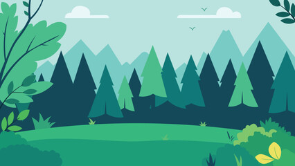 Flat Design Illustration of Green Pine Trees Adventure Nature Landscape in Forest