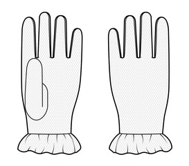 Lace Ruffled Gloves Wrist length Fashion hand accessory clothing technical illustration garment. Vector front back view for Men, women, unisex style flat template CAD mockup sketch on white background