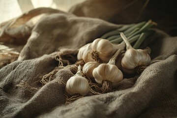 Fresh Garlic Bulbs on Rustic Fabric Background with Natural Light