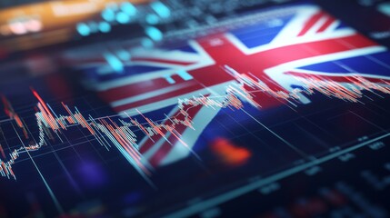 A digital display of financial graphs and data with the UK flag in the background, illustrating the impact of financial technology on the British stock market. A dynamic image that represents modern