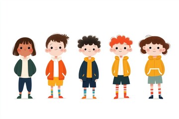 Diverse cartoon kids wear bright clothes, joyful expressions. Colorful characters stand in various poses. Playful illustration set perfect for children books, educational materials fashion design.