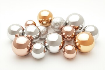 Stacks of metal spheres in various sizes and colors including silver, rose gold, white.