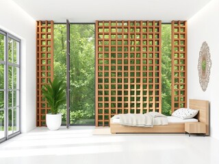Modern bedroom interior with wooden lattice wall, white floor, and large windows overlooking nature, large windows, bedroom