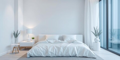 Modern bedroom with cool blue and white color scheme, featuring sleek furniture and minimalistic decor, clean, relaxation