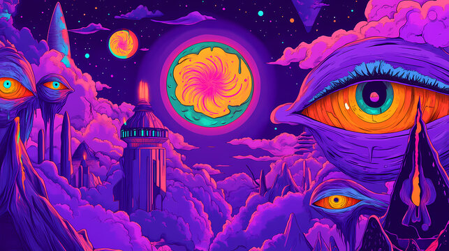 Technicolor dreamscape of cartoon psychedelia, electric purple backdrop pulsates with omnipresent eyes, acid-trip aesthetics push visual boundaries. dreamscape. illustration. Omnipresent. Illustration