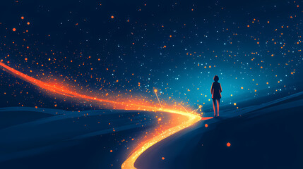 Transformative learning journey highlighted by bright sparks against dark blue background. Omnipresent. Illustration