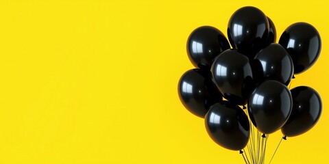Black balloons bunch against yellow background. Sale, Black Friday concepts. Image suitable for banner advertisement with ample space for text. Promotional material for marketing special offers.