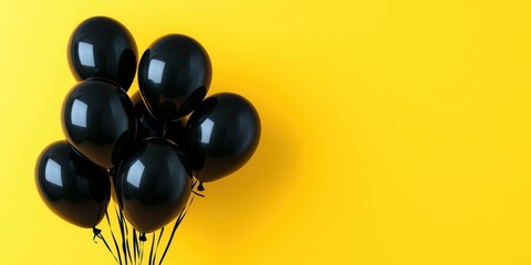 Bunch of black balloons on yellow background. Black Friday sale concept. Image suitable for banner advertisement. Vivid yellow background complements black balloons creating eye-catching visual.
