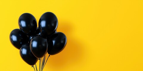 Black balloons bunch on bright yellow background. Image suitable for Black Friday sale banner. Stylish design with copy space. Promotional product. Event advertising. Modern marketing concept. Visual