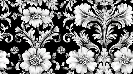 black and white flower pattern on black background seamless pattern old style