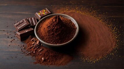 "Cocoa Powder Art: Intricate Chocolate Designs and Patterns on a Wooden Surface with Chocolate Bars and Sprinkles"