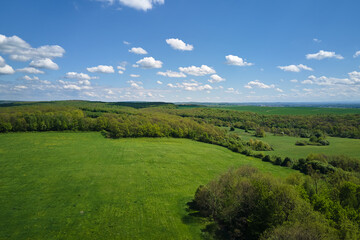 Aerial landscape of green farmland in summer season with growing crops. Agricultural cultivated field. Farming and agriculture industry