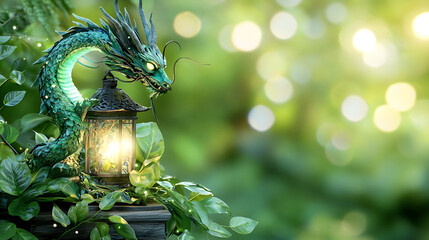 vibrant Chinese dragon entwined around lantern post, surrounded by lush greenery, creates mystical atmosphere