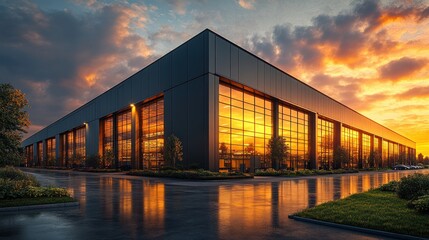 Fototapeta premium Modern Industrial Warehouse at Sunset with Office Unit and Green Grass Foreground