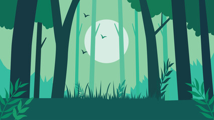 Flat Design Illustration of Nature View of Green Trees in Jungle with Big Sun in the Sky