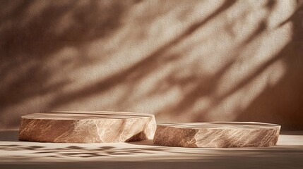 Two textured stone slabs casting shadows on a neutral background, emphasizing simplicity and form.