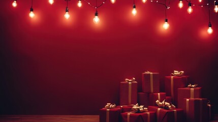 Christmas themed many gifts boxes on red solid backdrop table, christmas themed decors and string lightings hanging from above, Christmas background, copy space on right side