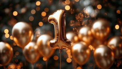 Golden Balloon Celebration for One Year Anniversary with Copy Space on Yellow Background and Shiny Bokeh Effects