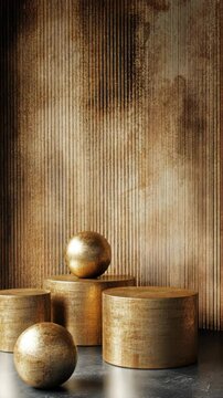Abstract arrangement of golden shapes against a textured backdrop in a modern interior setting