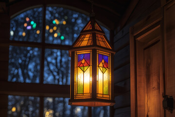 A Glowing Yule Lantern Made of Stained Glass, Hanging From a Wooden Beam and Casting Colorful Reflections
