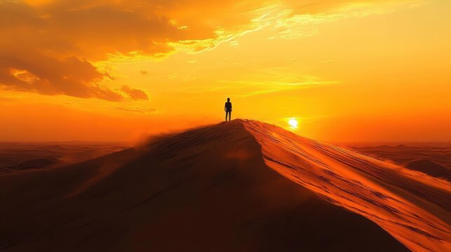 man standing on sand dune at sunset with backpack in desert landscape - Powered by Adobe
