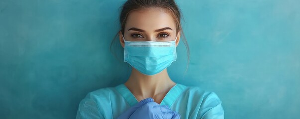Professional nurse in sterile environment wearing blue surgical mask and gloves calm atmosphere teal background
