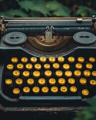 An antique typewriter with yellow keys, set against a natural backdrop.