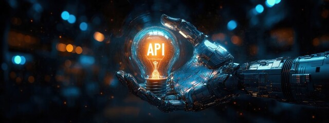 Cybernetic Hand Holding Glowing Bulb Interoperability Efficiency Automation Technology Innovation