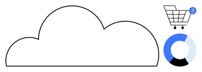 Cloud outline, shopping cart with three notifications, and segmented pie chart in blue, black, and white. Ideal for cloud storage, online shopping, data analysis, notifications digital services
