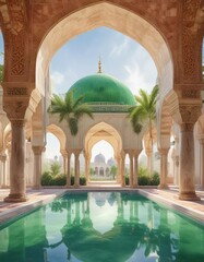 Naklejka premium Tranquil watercolor illustration showcasing a mosque's peaceful green dome, mosque, serene, tranquil, green