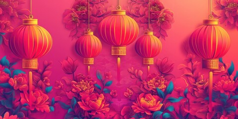 Pink gradient background with colorful lanterns, blooming flowers, and intricate floral patterns. Vibrant Chinese New Year header, festive banner, elegant background, decorative design.