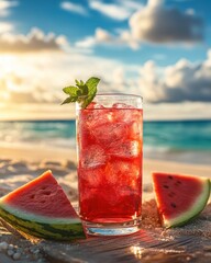 Obraz premium A refreshing drink with watermelon slices on a beach at sunset.