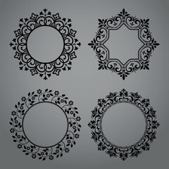 Set of decorative frames Elegant vector element for design in Eastern style, place for text. Floral black and gray borders. Lace illustration for invitations and greeting cards