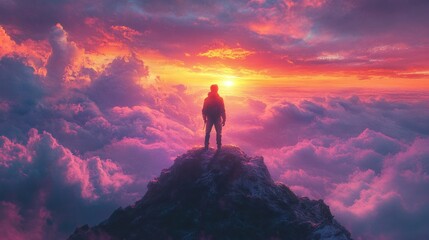Fototapeta premium Silhouette of a Man on Mountain Peak at Sunset Emphasizing Hope and Achievement