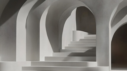 Obraz premium A stunning view of an elegant staircase leading through a series of smooth, arched walls. The minimalist design enhances the serene atmosphere.
