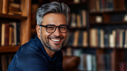 Fototapeta premium Smiling middle-aged Caucasian man with gray hair and glasses, sitting in a cozy library filled with books, exuding warmth and intellect.