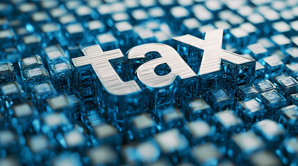 Tax burden: the word "tax" embedded in a sea of blue cubes, highlighting the weight and omnipresent nature of taxation. Omnipresent. Illustration