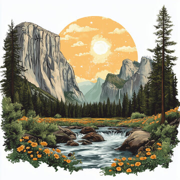 Vibrant vintage yosemite national park illustration, retro scenic travel graphic element
