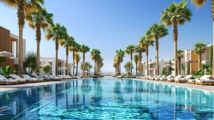 Luxury community pool surrounded by lounge chairs and palm trees for a resort-style living appeal
