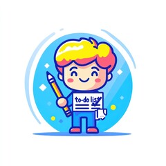 Happy Cartoon Boy Illustration Holding To-Do List and Pencil