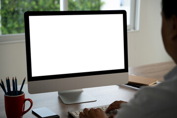 man working Businessman using a desktop computer of the blank screen with hands