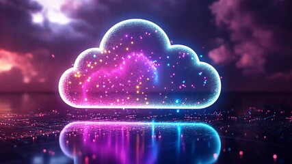 Colorful digital cloud symbolizing data storage technology, glowing at night