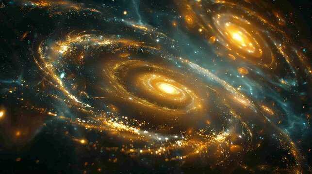 Two spiral galaxies collide, swirling golden dust and cosmic energy.