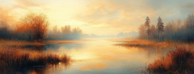 Obraz premium Serene Abstract Landscape Impressionism Soft Pastel Color Gradient Warm Hues Gentle Sunlight Calming Atmosphere Blur