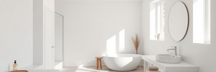 Fototapeta premium Modern scandinavian bathroom and bedroom with white minimalistic design, featuring clean lines, natural light, and simple decor, bathroom, interior