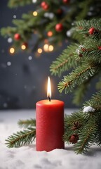 Warm red candle on a snowy Christmas tree branch, festive holiday decor, frosty mornings