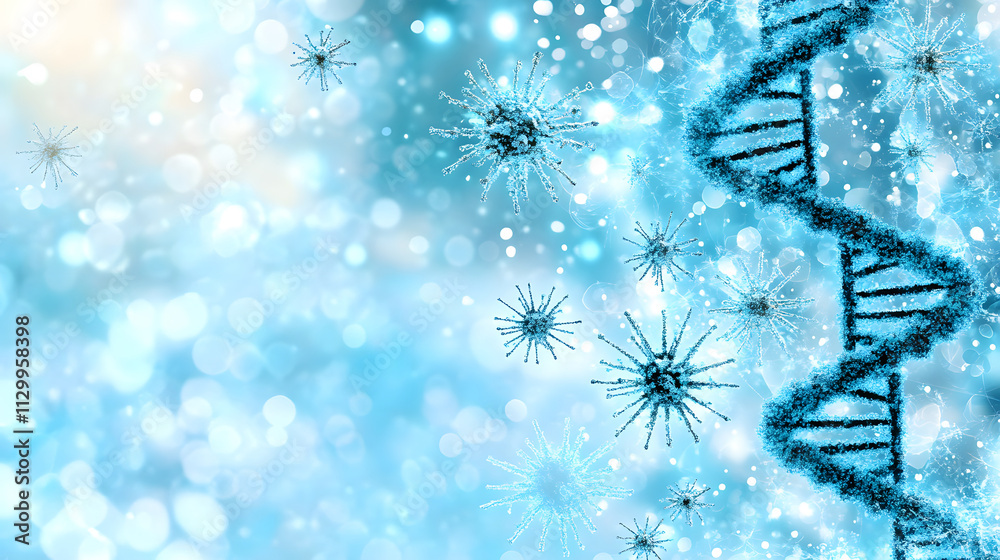 Poster a vibrant, abstract representation of dna strands and microorganisms set against a shimmering blue b