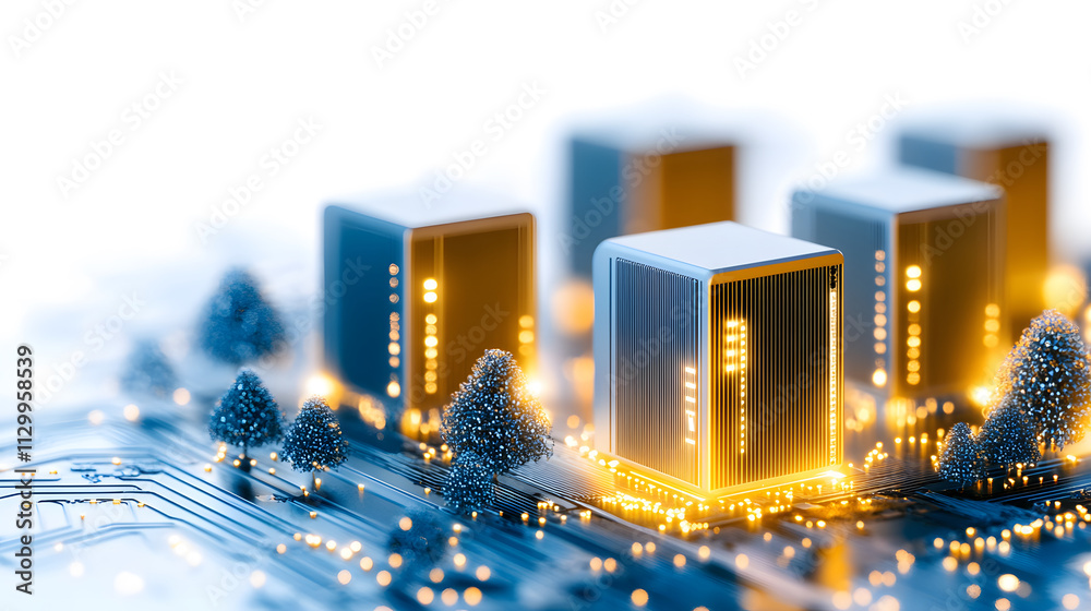 Poster a futuristic city skyline with illuminated buildings and stylized trees, set against a digital circu