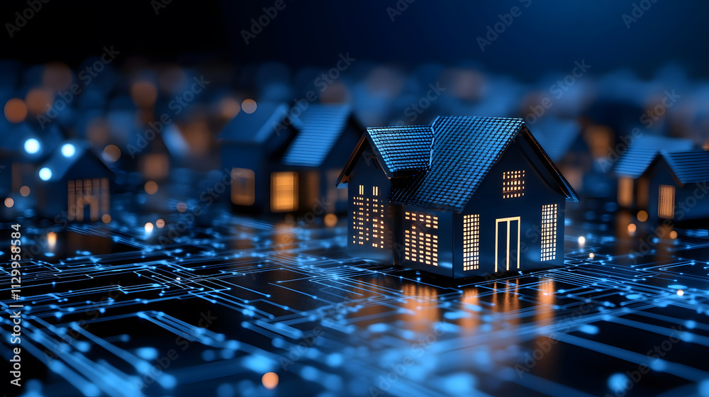 Poster a digital depiction of illuminated houses on a circuit board, symbolizing the integration of technol